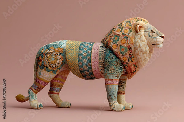 Fototapeta Colorful patterned lion sculpture with intricate designs and artistic expression on neutral background