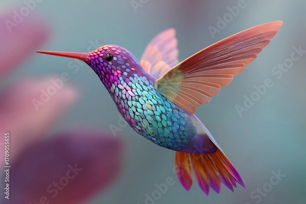 Fototapeta Colorful hummingbird with iridescent feathers and translucent wings flying soft blurred background, vibrant and delicate bird