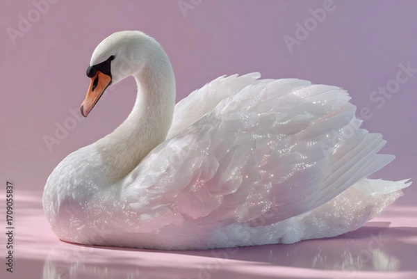 Fototapeta White swan with elegant feathers and orange beak resting reflective surface with soft pink background, peaceful and graceful