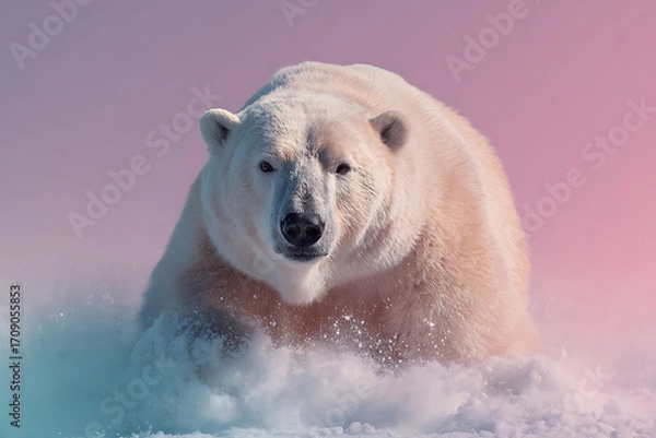Fototapeta Polar bear running in snow with pink sky background, powerful wild animal in cold environment with dynamic motion