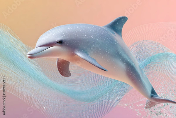 Fototapeta Dolphin jumping with water splash and colorful wave lines on pastel background, dynamic and lively marine animal