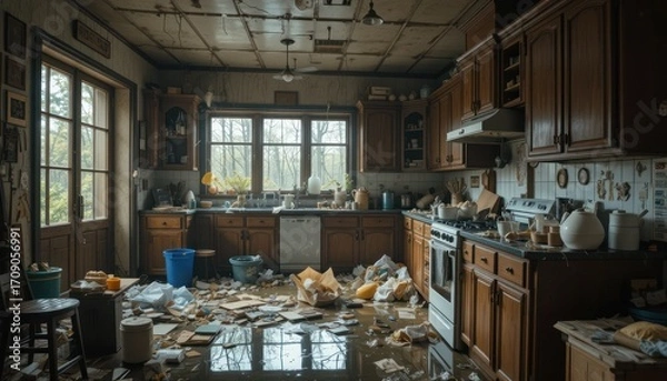Fototapeta Overwhelmed kitchen in disarray showing a disaster, damaged furniture and debris