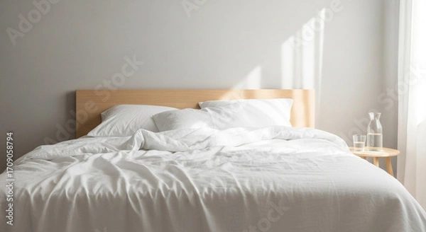 Fototapeta 朝の光が差し込む白いベッドルームと整えた水差し