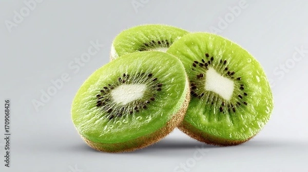 Fototapeta Three Kiwi Halves Sliced, Stacked and Presented on a Light Gray Background.