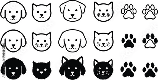 Fototapeta Dog and cat vector icons set pet animal face paw print outline silhouette art