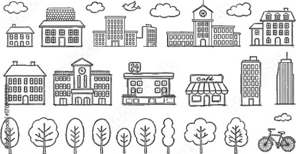 Fototapeta Cityscape drawing vector illustration buildings trees and bicycle design