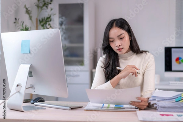 Fototapeta Asian businesswoman analyzing marketing data using computer and documents at office