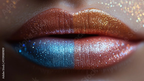 Obraz Close-up of glitter lips with blue and copper makeup
