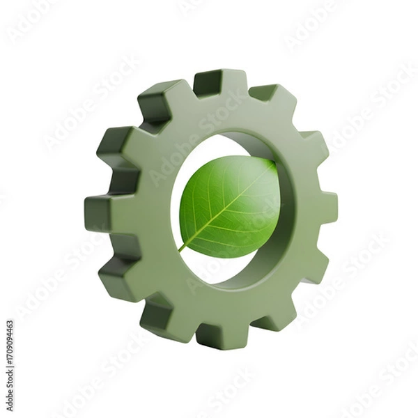 Fototapeta 3D Rendering Shows Green Leaf Inside of a Gear on Transparent Background Illustratively