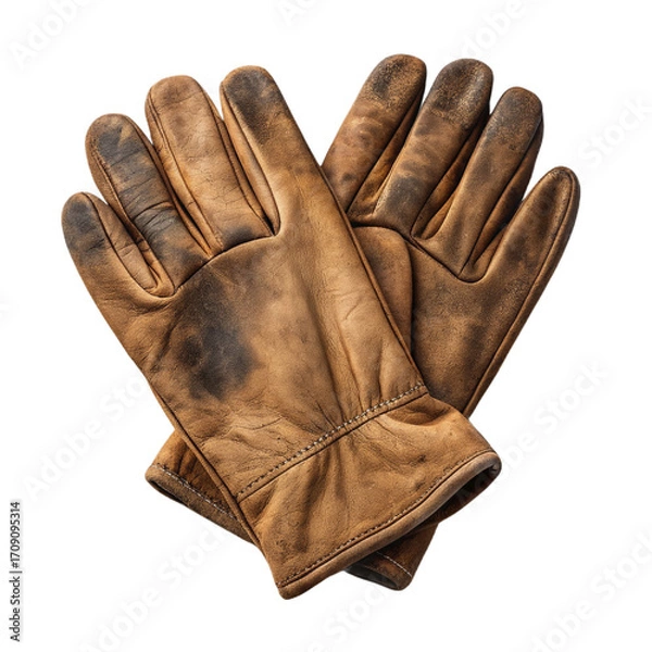 Fototapeta Worn leather gloves isolated on a transparent background brown textured