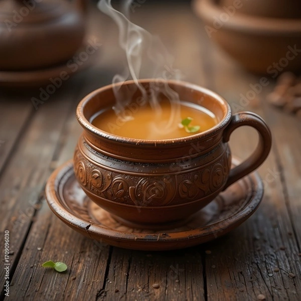 Fototapeta High-quality stock photo of a typical clay tea cup filled with scalding hot chai on a rustic wooden table, representing South Asian culture