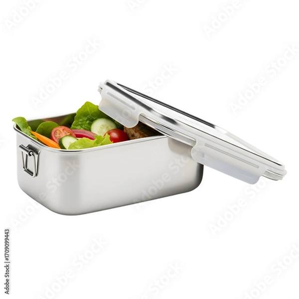 Fototapeta Salad Sits in Stainless Steel Lunchbox with Lid Ajar on Transparent Background Still Life