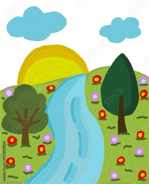 Obraz Scenic landscape with river, trees, flowers, sun and clouds