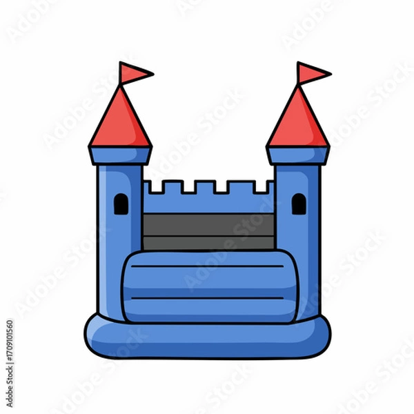 Fototapeta Playful Blue Bouncy Castle with Red Flags, Cartoon Illustration.