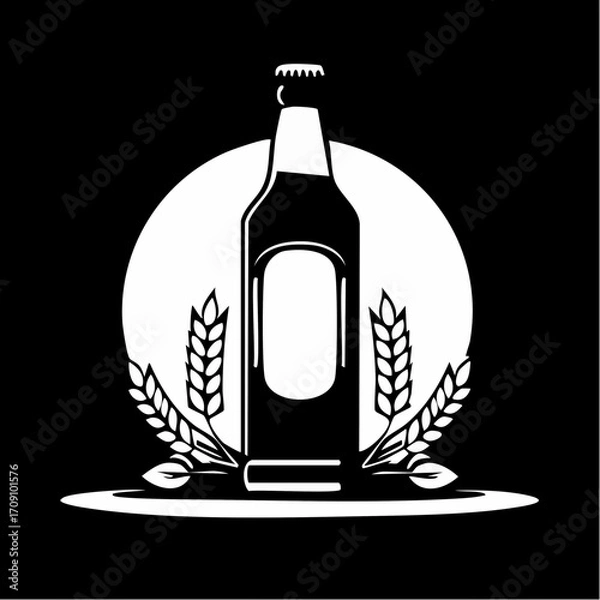 Fototapeta A stylized white illustration of a beer bottle with a blank label, flanked by wheat stalks, set against a circular background on a dark backdrop.