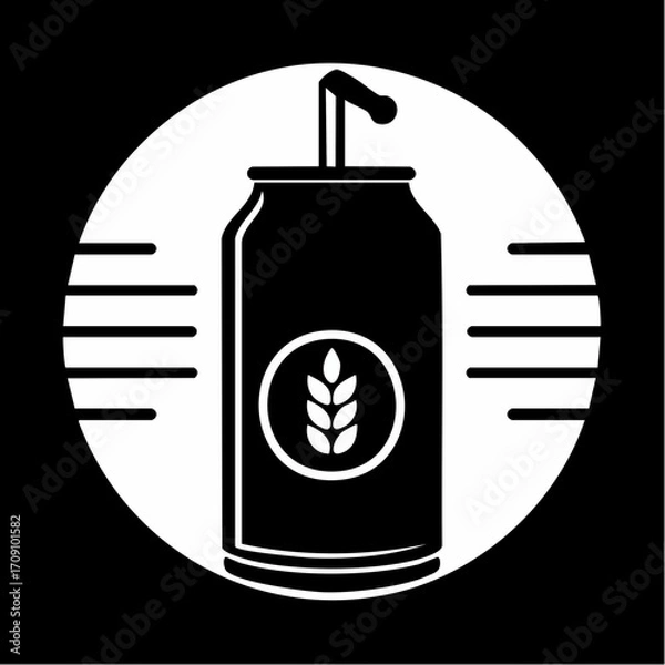 Fototapeta A stylized black and white illustration of a soda can with a straw, featuring a wheat stalk emblem, set against a circular background with horizontal lines.