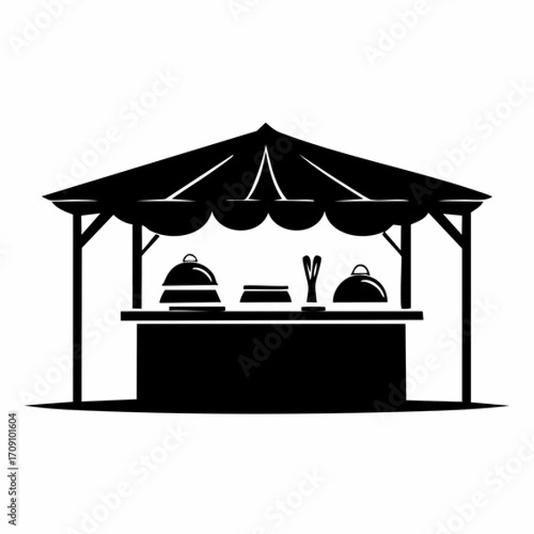 Fototapeta Silhouette of a food stall or market stand with covered dishes and serving utensils, set against a white background.