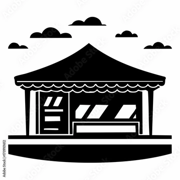 Fototapeta A stylized black and white illustration of a market stall or small shop with a peaked roof, awning, and display windows, set against a backdrop of stylized clouds.