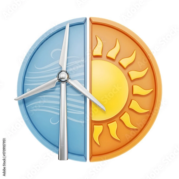 Fototapeta Illustrative Wind Turbine and Sun Symbolizes Renewable Energy Sources on Transparent Background