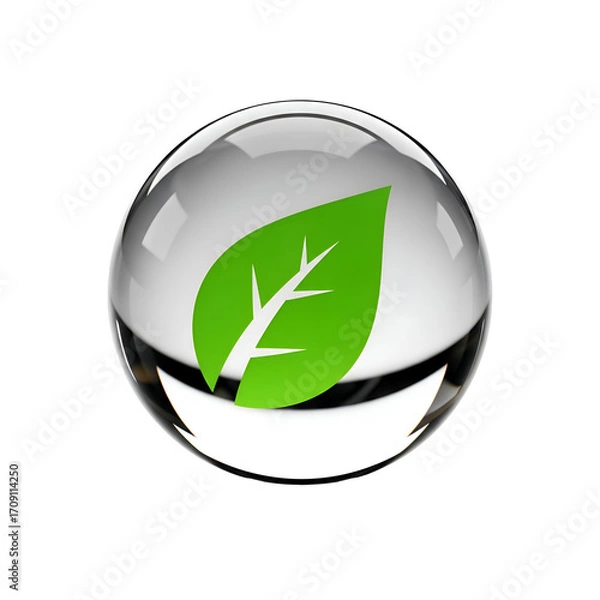 Fototapeta Green Leaf Symbol Sits Inside Glass Sphere on Transparent Background, representing Ecology, Nature