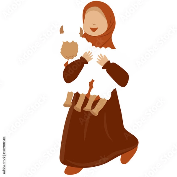 Obraz Happy Girl in Hijab Carrying a Lamb, Eid al-Adha Illustration