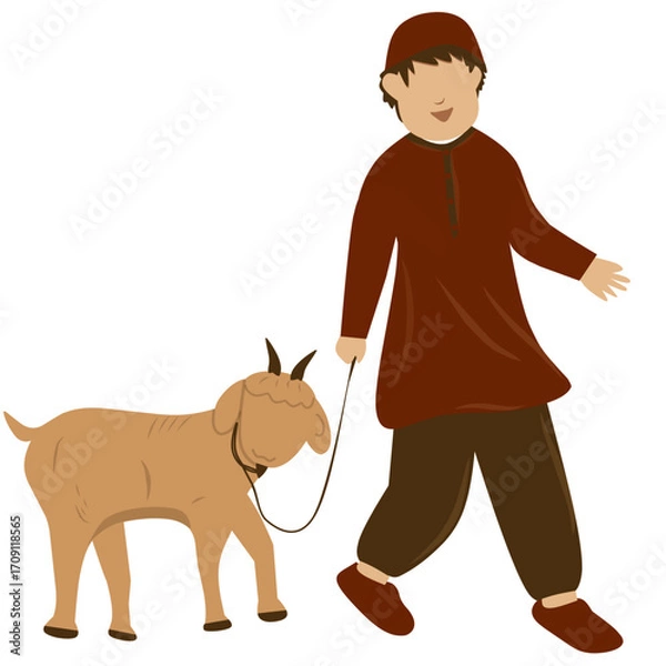 Obraz Young Boy Walking with a Goat, Eid al-Adha Illustration