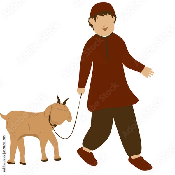Obraz Young Boy Walking a Goat, Eid al-Adha Illustration
