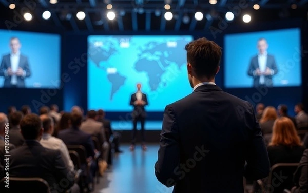 Fototapeta Young Businessman Walking Out on Stage to Give a Talk at a Global Finance Summit. Audience Listening to His Insightful Talk. Speaker Standing with His Back to Camera While Making a Motivational Speech