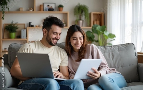 Fototapeta Doing Accounting at Home: Happy Couple Using Laptop Computer, Sitting on Sofa in Apartment. Young Family Filling Tax Forms, Mortgage Documents, Bills, Checks, Balances, Invoices are in Order