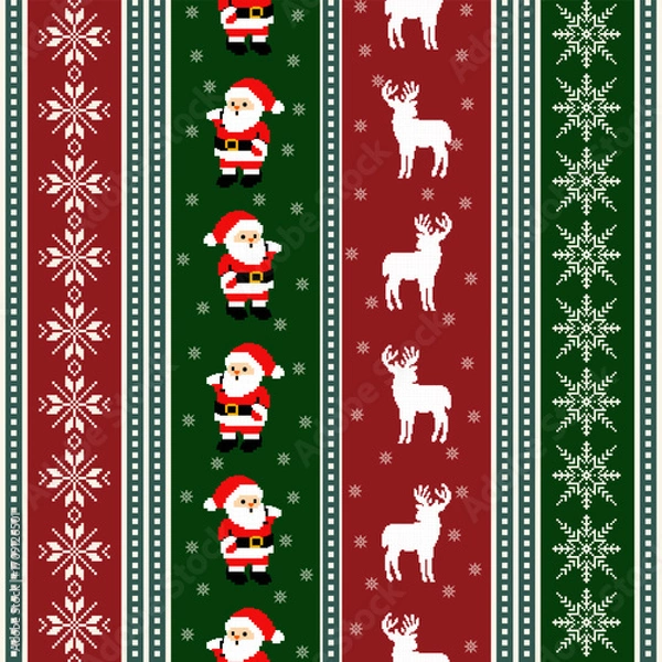 Fototapeta A cute Christmas seamless pattern with cartoon Santa Claus, reindeer, and snowflakes for a winter holiday background design