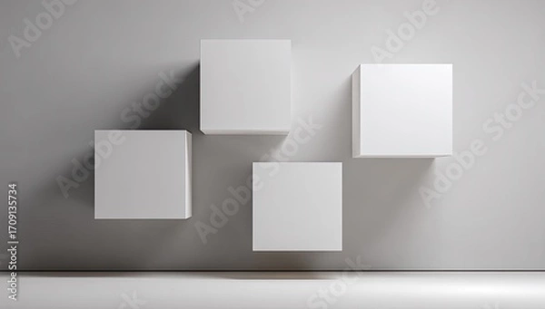 Fototapeta Four blank white cubes mounted on a light gray wall.  Minimalist, geometric, and clean design.  Empty display boxes, or architectural elements