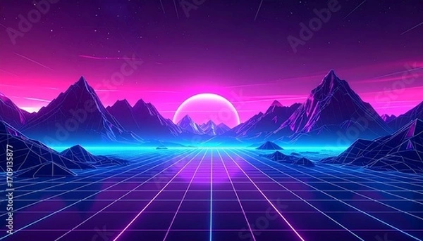 Fototapeta A futuristic landscape features a grid-like foreground leading to a mountain range under a glowing sunset with a vibrant neon color scheme