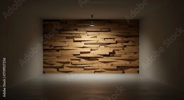 Fototapeta Empty square room with wooden pieces of timber on the wall