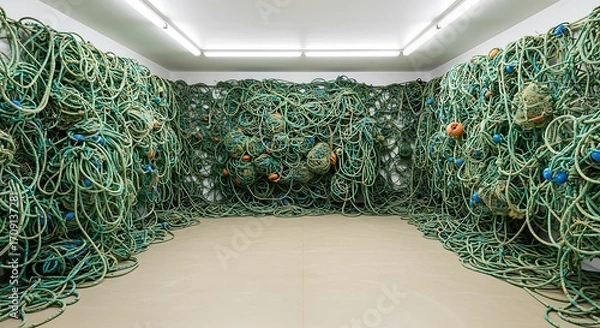 Fototapeta Empty square room with weathered and tangled green fishing ropes with flecks of color
