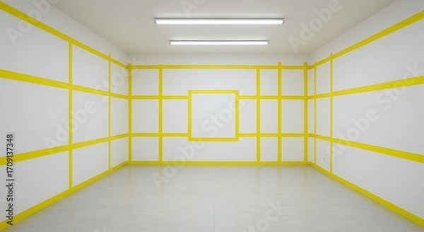 Fototapeta Empty square room with Yellow adhesive paper tapes on the wall