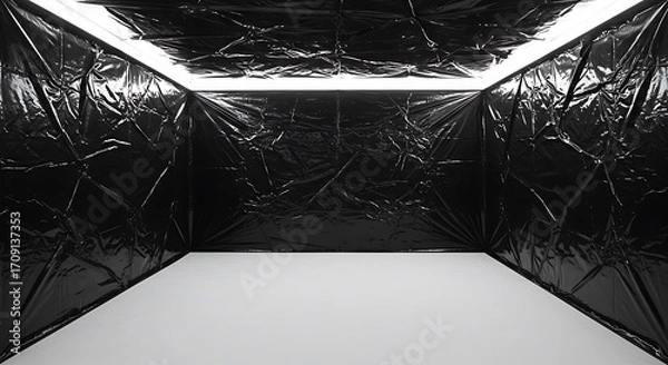 Fototapeta Empty square room with black crumpled and creased plastics on the wall