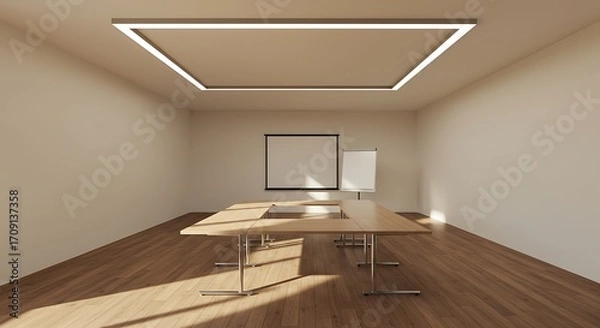 Fototapeta Empty square room with Conference room interior with wooden table and flipchart