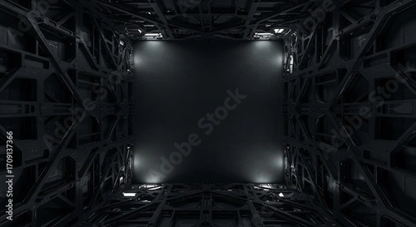 Fototapeta Empty square room with Wall of black metal futuristic new building. Abstract architectural pattern