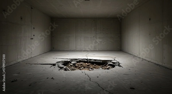 Fototapeta Empty square room with Broken concrete floor with hole