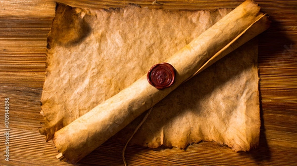 Fototapeta Ancient parchment scroll with wax seal, evoking historical documents on a rustic wooden surface.
