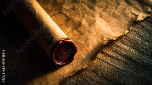 Fototapeta Ancient parchment scroll with wax seal, evoking historical documents on a rustic wooden surface.
