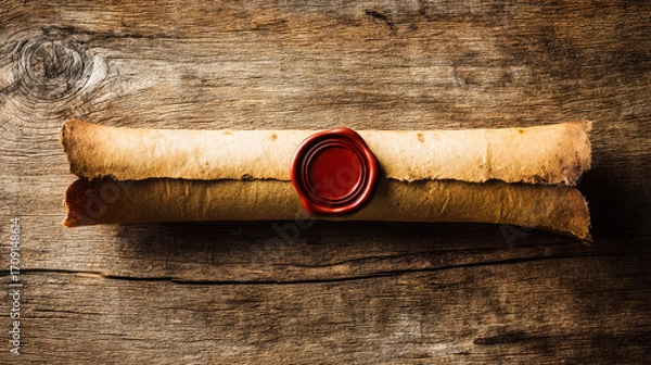 Fototapeta Ancient parchment scroll with wax seal, evoking historical documents on a rustic wooden surface.
