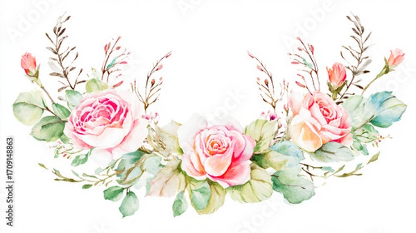 Fototapeta Delicate watercolor floral wreath featuring pink roses, softly illuminated with elegant composition.
