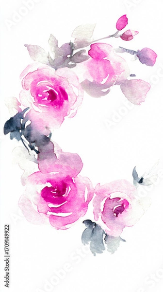 Fototapeta Delicate watercolor floral wreath featuring pink roses, softly illuminated with elegant composition.
