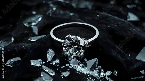 Fototapeta Luxury diamond ring cracked down the middle with shattered gemstones scattered across black velvet, dramatic surreal editorial symbolizing love and impermanence
