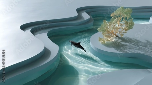 Obraz Dolphin in a serene, abstract, light-blue, layered landscape