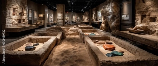 Obraz Museum exhibit of ancient stone-lined pits filled with sand and artifacts