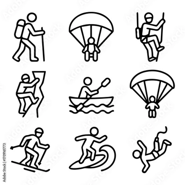 Fototapeta Nine Line Art Icons Depicting Various Adventure Sports.