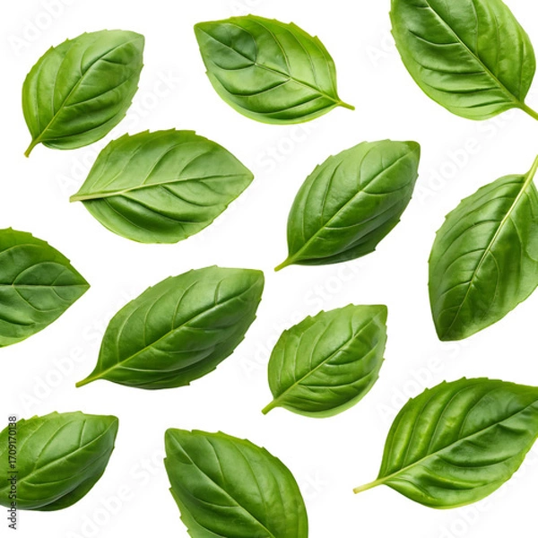 Fototapeta Scattered Fresh Green Basil Leaves on Black Background Pattern herb leaf
