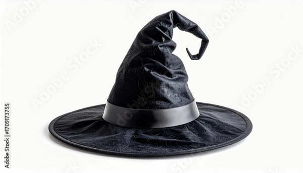 Fototapeta Classic black witch hat with a wide brim, isolated on a clean white background for Halloween costume